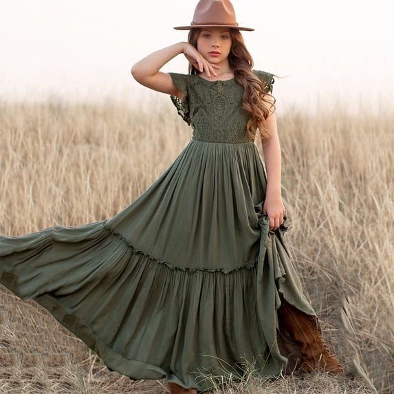 OOOUM Girls Long Dress Spring Summer Solid Bohemia Wedding Long Dress Ruffle Stylish And Flowy Outfits For Toddler Green 7-8 Years