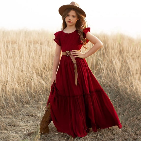 OOOUM Girls Long Dress Spring Summer Solid Bohemia Wedding Long Dress Ruffle Stylish And Flowy Outfits For Toddler Wine 7-8 Years