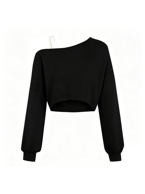 Girls Long Sleeve T Shirts Relaxed Fit Solid Color Off Shoulder Summer Tops Fashionable Cropped Holiday Tees Black 11-12 Years