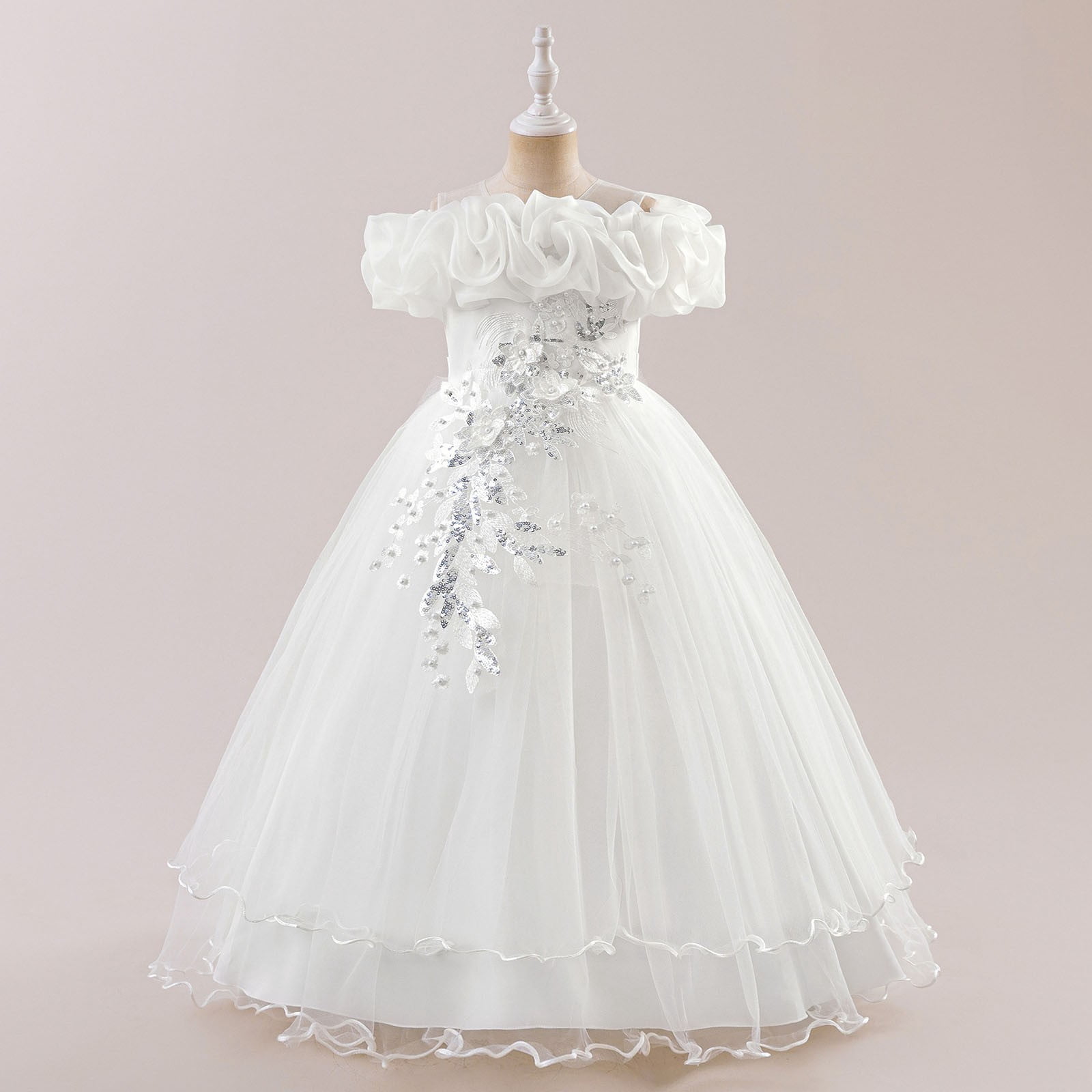 OOOUM Girls Off Shoulder Tulle Gown Sequined Floral Embellished ...