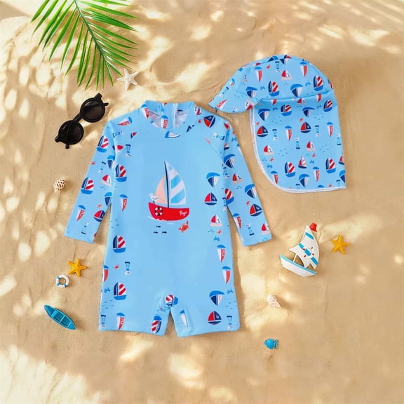 OOOUM Girls One Piece Swimsuit Cute Print Long Sleeve Rash Guard Children Stretch Fit Quick Dry Lightweight Bathing Suit Sky Blue 6M