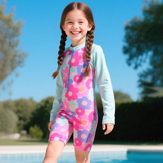 OOOUM Girls One Piece Swimsuit Long Sleeve Upf 50+ Rash Guard With Cute Print Design Stretch Fit Quick Dry Breathable Summer Swimsuit For Kids Multicolour 150