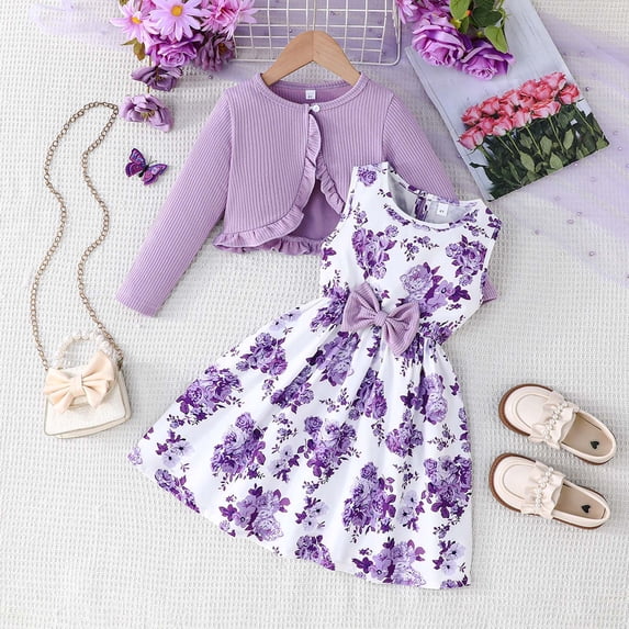 OOOUM Girls Outfits Set Floral Sundress And Long Sleeve Ruffle Cardigan 2 Piece Set Spring Fall Clothing Sets Purple 6-7 Years