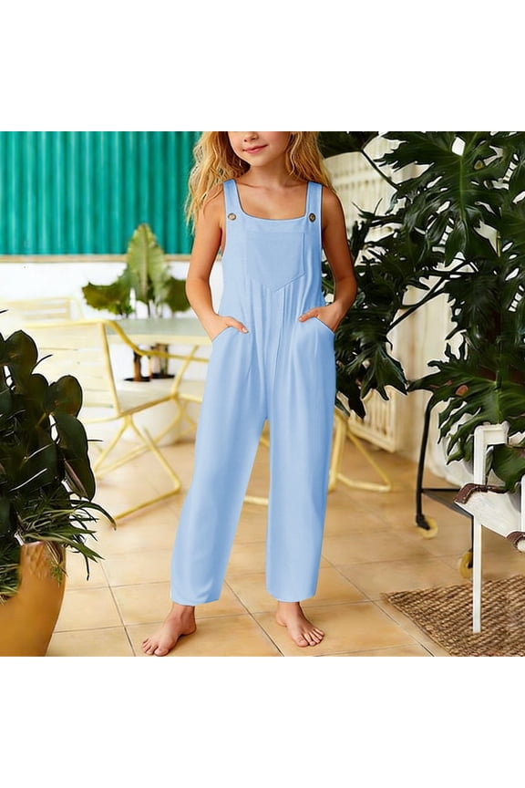 Girls Overalls With Pocket Loose Fit Jumpsuits Stylish And Comfortable Summer Rompers For Kids Daily Wear Blue 9-10 Years