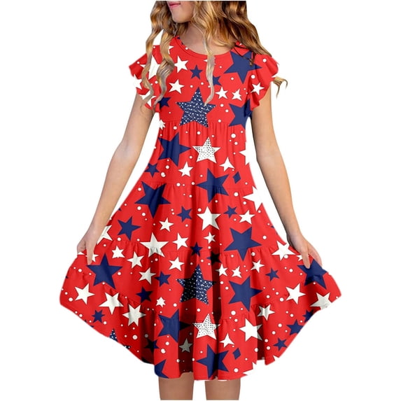 OOOUM Girls Ruffle Sleeve A Line Dresses 4Th Of July Print T Shirt Dress With Pockets Comfortable Casual Summer Outfits Red 10-11 Years