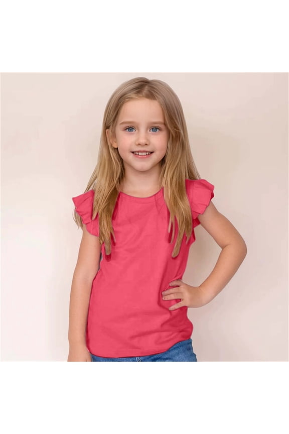 Girls Ruffle Sleeve T Shirts Solid Color Loose Fit Tops Tees Stylish And Comfortable Summer Tops For Kids Hot Pink 3-4 Years