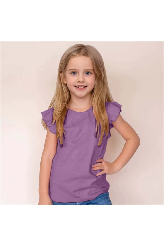 Girls Ruffle Sleeve T Shirts Solid Color Loose Fit Tops Tees Stylish And Comfortable Summer Tops For Kids Purple 3-4 Years