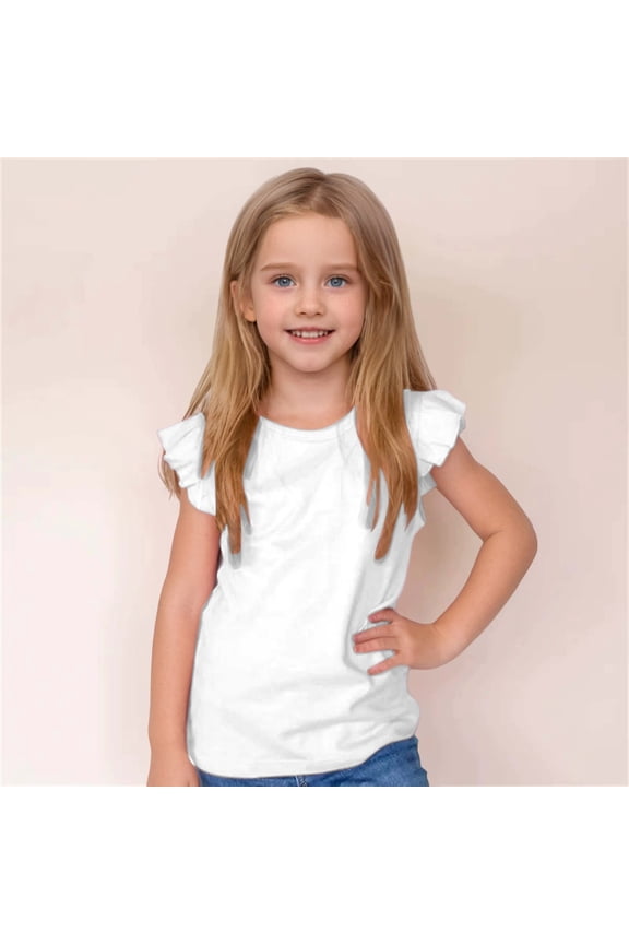 Girls Ruffle Sleeve T Shirts Solid Color Loose Fit Tops Tees Stylish And Comfortable Summer Tops For Kids White 3-4 Years