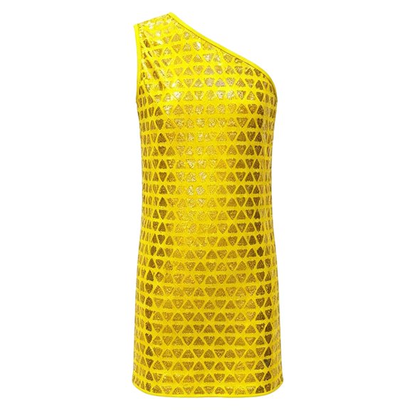 OOOUM Girls Sequin Dress One Shoulder Sleeveless Party Dress for Halloween Stage Performance Mini Dress,4-5 Years