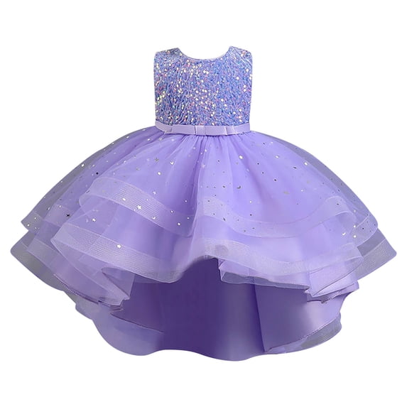 OOOUM Girls Sequin Princess Dress Sleeveless Layered Ruffle Tulle Formal Dress Kids Wedding Birthday Party Gown Light Purple 3-4 Years