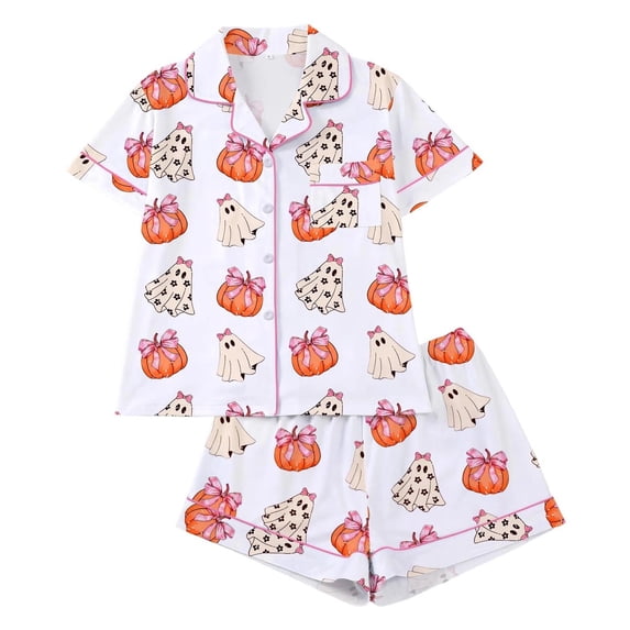 OOOUM Girls Short Sleeve Lounge Set Kids Sweet Button Down Sleep Set Toddler Lightweight Comfortable Outfits Two Piece Set 4-5 Years