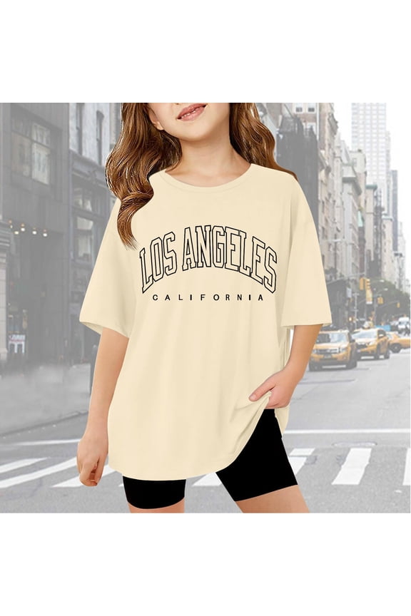 Girls Short Sleeve T-Shirts Crewneck Letter Graphic Casual Basic Tees Baggy Comfortable Summer Shirt Top Beige 11-12 Years
