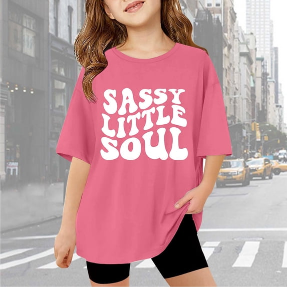 OOOUM Girls Short Sleeve T Shirts Crewneck Letter Graphic Holiday Basic Tees Relaxed Fit Fashionable Summer Shirt Top Hot Pink 13-14 Years