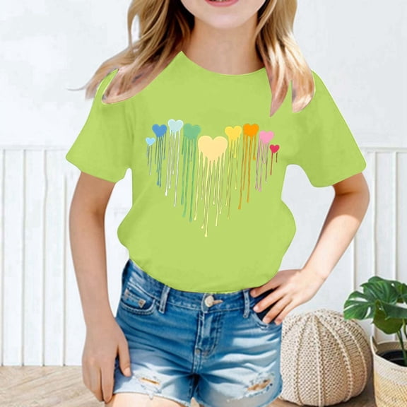 OOOUM Girls Short Sleeve T Shirts With Cute Fashion Print Loose Fit Lovely Tops Tees Children Casual Summer Tops Light Green 12-14 Years