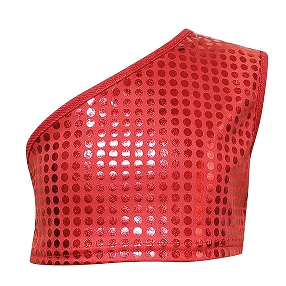 OOOUM Girls Sleeveless Crop Top One Shoulder Sequin Tops Tees Trendy Stretch Dance Performance Tops For Kids Red 8-9 Years