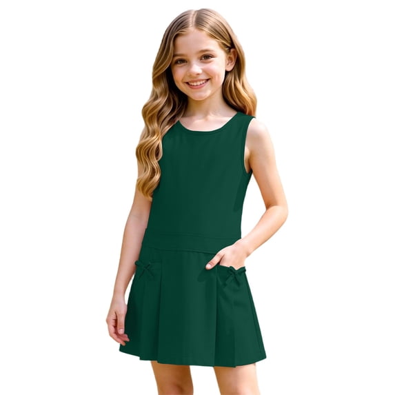 OOOUM Girls Sleeveless Pleated School Dress Kids Bow Pocket Uniform Jumper Dress Solid Casual School Sundress Back Zipper Daily Outfit Green 11-12 Years