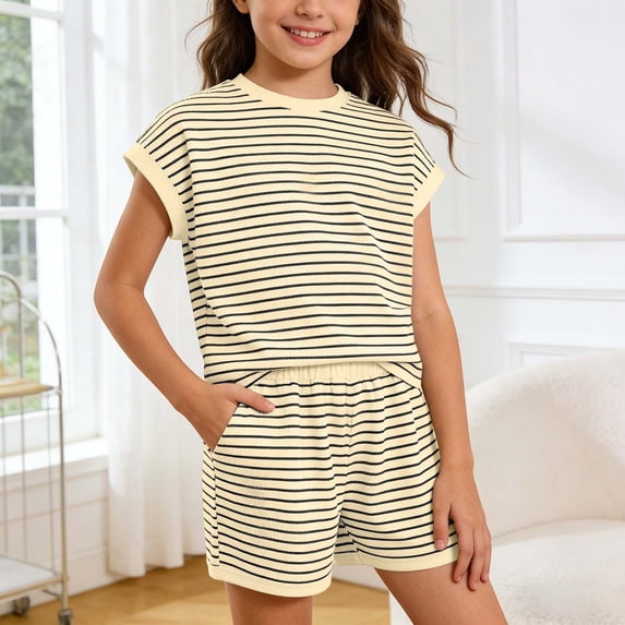 OOOUM Girls Summer 2 Piece Striped Outfits Short Sleeve T Shirts Top And Shorts Clothing Sets With Pockets Grey 9-10 Years