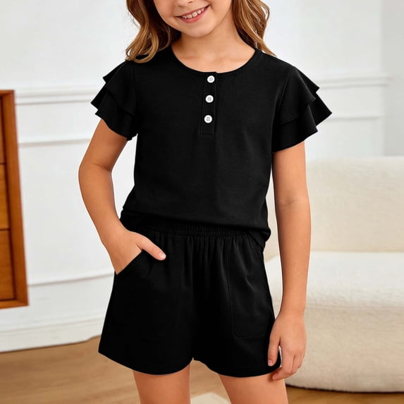 OOOUM Girls Summer Outfits 2 Piece Sets Ruffle Short Sleeve Button Down Shirts And Shorts Set Kids Clothes With Pockets Black 7-8 Years