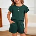 thumbnail image 1 of OOOUM Girls Summer Outfits 2 Piece Sets Ruffle Short Sleeve Button Down Shirts And Shorts Set Kids Clothes With Pockets Dark Green 11-12 Years, 1 of 4