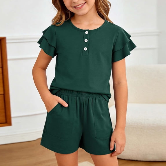 OOOUM Girls Summer Outfits 2 Piece Sets Ruffle Short Sleeve Button Down Shirts And Shorts Set Kids Clothes With Pockets Dark Green 11-12 Years