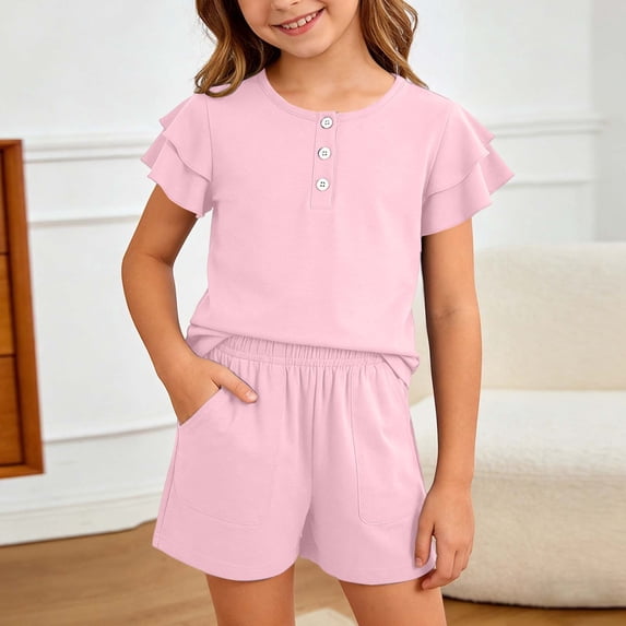 OOOUM Girls Summer Outfits 2 Piece Sets Ruffle Short Sleeve Button Down Shirts And Shorts Set Kids Clothes With Pockets Pink 5-6 Years