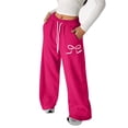 thumbnail image 1 of OOOUM Girls Sweatpants Bow Print Drawstring Straight Leg Pants With Pocket Athletic Fashionable Casual Trousers Hot Pink 10-11 Years, 1 of 4