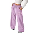 thumbnail image 1 of OOOUM Girls Sweatpants Bow Print Drawstring Straight Leg Pants With Pocket Athletic Fashionable Casual Trousers Purple 8-9 Years, 1 of 4