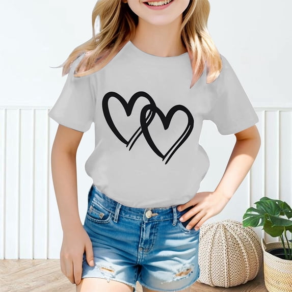 OOOUM Girls T-Shirt Crewneck Heart Print Short Sleeve Tees Comfortable Loose Fit Casual Tops Light Gray 7-8 Years