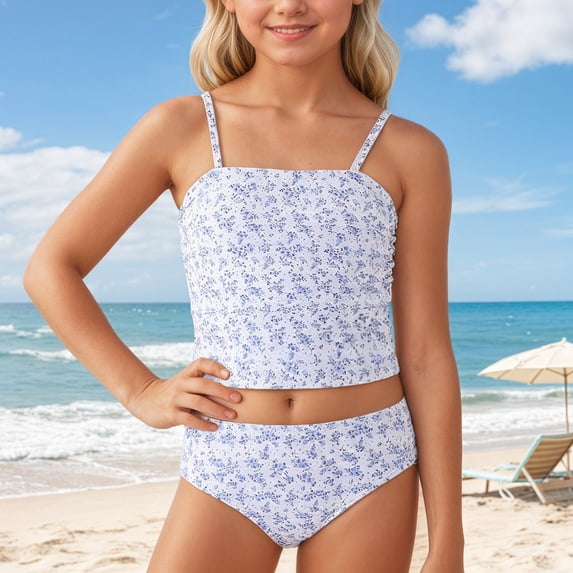 OOOUM Girls Three Piece Solid Color Swimsuit Travel Quick Dry Bikini Set Beach Summer Separate Swimsuit Sheer Mesh Cover Up Skirt Bathing Suit Blue 11-12 Years