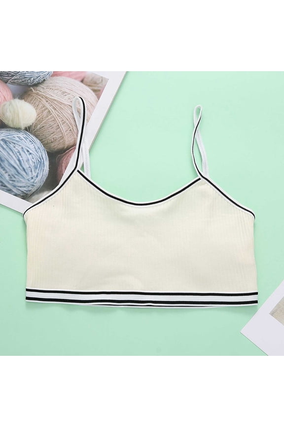 Girls Training Bra Retro Contrast Trim Design Crop Camisole Soft Ribbed Fabric Soft Stretch Comfy Bralette Beige 8-12 Years