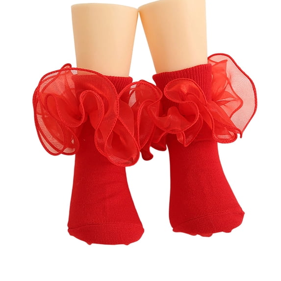 OOOUM Girls Tulle Ruffle Socks Stretchy Kids Ankle Socks Cute Ruffle Socks Dress Party Daily Wear Red 1-3 Years