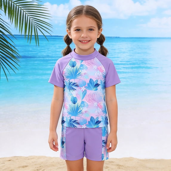 OOOUM Girls Two Piece Rash Guard Raglan Short Sleeve Tropical Floral Print Swimsuit Top Matching Swim Shorts Quick Dry Sun Protective Lightweight Summer Beach Bathing Suit Purple 4-5 Years