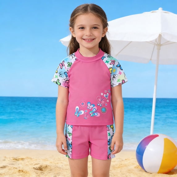 OOOUM Girls Two Piece Rash Guard Raglan Short Sleeve Tropical Floral Print Swimsuit Top Matching Swim Shorts Quick Dry Sun Protective Lightweight Summer Beach Bathing Suit Red 3-4 Years
