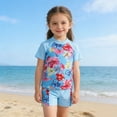 thumbnail image 1 of OOOUM Girls Two Piece Rash Guard Raglan Short Sleeve Tropical Floral Print Swimsuit Top Matching Swim Shorts Quick Dry Sun Protective Lightweight Summer Beach Bathing Suit Blue 5-6 Years, 1 of 9