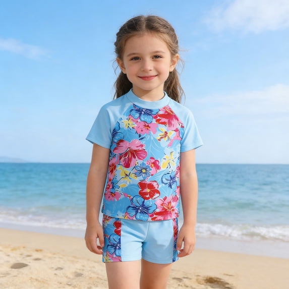 OOOUM Girls Two Piece Rash Guard Raglan Short Sleeve Tropical Floral Print Swimsuit Top Matching Swim Shorts Quick Dry Sun Protective Lightweight Summer Beach Bathing Suit Blue 5-6 Years