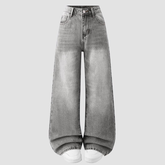 OOOUM Girls Wide Leg Pants Loose Fit Classic Denim Pants Trendy Streetwear Casual Jeans Pants For Daily Wear Light Gray 12-13 Years