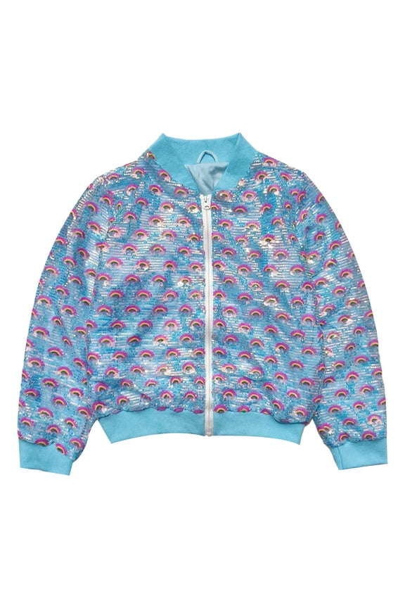 Girls Zip Up Sequin Bomber Jacket Ribbed Collar Cuff Hem Coat Kids All Pattern Glitter Casual Top Blue 5-6 Years