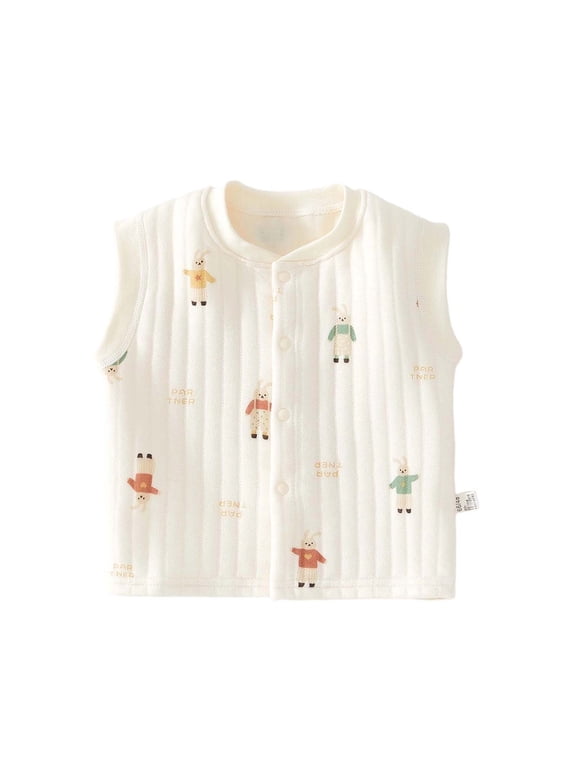 Infant Cotton Vest Crowneck Button Down Sleeveless Waistcoat Cute Cartoon Print Lightweight Outfits White 9-12 Months