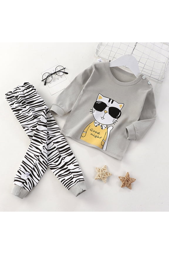 Kids 2 Piece Matching Clothing Set Cartoon Print Long Sleeve Loungewear With Zebra Stripe Kids Fashionable Loose Outfits Sets Grey 3-6 Months
