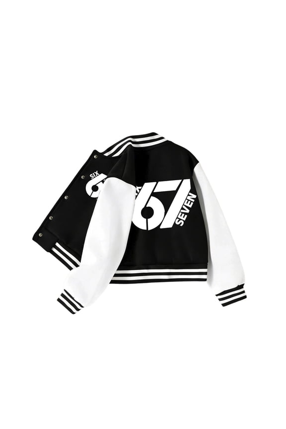 Kids Black White Baseball Varsity Jacket Striped Collar Button Down Bomber Jacket Graphic Streetwear Lightweight Jacket Black 4-5 Years