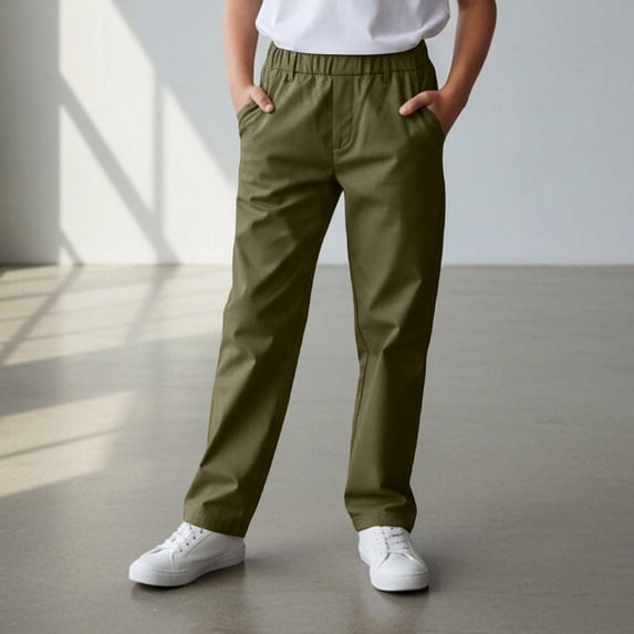 OOOUM Kids Cargo Pants Elastic Waist Solid Color Track Pants With Pocket Workout Casual Trousers For Big Boys And Girls Army Green 10-11 Years