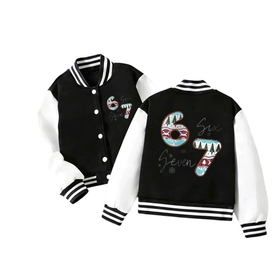 OOOUM Kids Christmas Theme Varsity Jacket Striped Collar Button Down Bomber Jacket Graphic Streetwear Baseball Jacket Black 5-6 Years