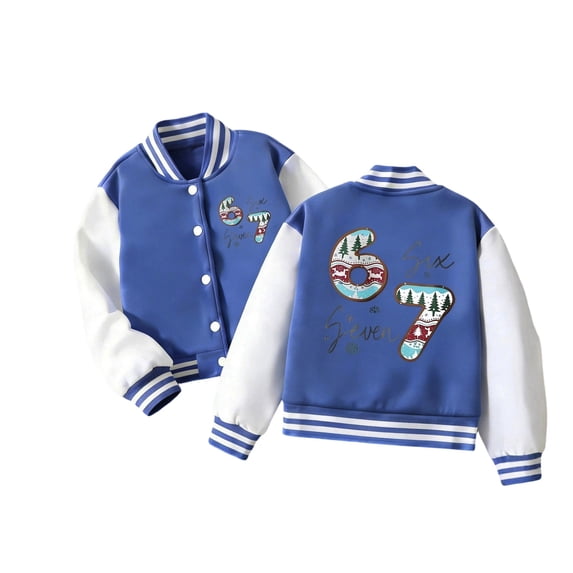 OOOUM Kids Christmas Theme Varsity Jacket Striped Collar Button Down Bomber Jacket Graphic Streetwear Baseball Jacket Blue 5-6 Years