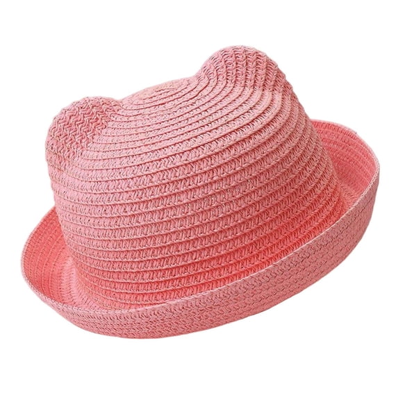 OOOUM Kids Cute Straw Hat Lightweight Breathable Rolled Brim Sun Hat Outdoor Travel Beach Hat For Toddler Boys Girls Pink