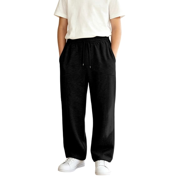 OOOUM Kids Drawstring Wide Leg Sweatpants Elastic Waist Outdoor Casual Trousers Boys Solid Color Pocket Loose Fit Jogger Pants Black 5-6 Years
