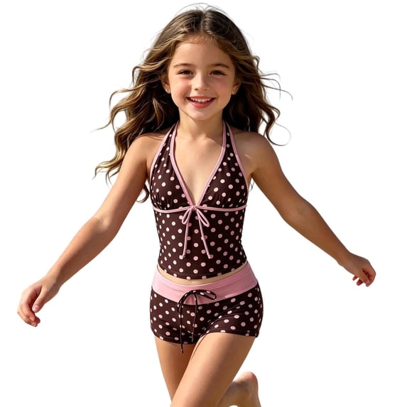 OOOUM Kids Girls Printed Tankini Swimwear 2 Piece Halter Tie Top & Drawstring Shorts Quick Dry Upf Protection Beach Bathing Suit 15-16 Years