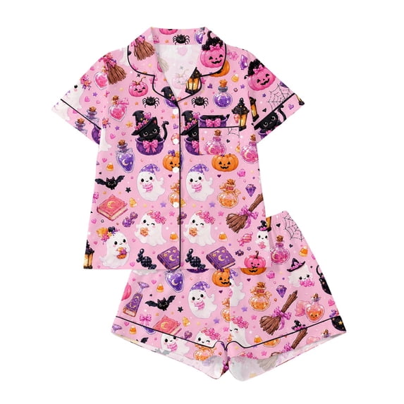 OOOUM Kids Halloween Lounge Set Girls Button Down Print Shirt & Shorts Set Summer Comfortable Outfit 13-14 Years