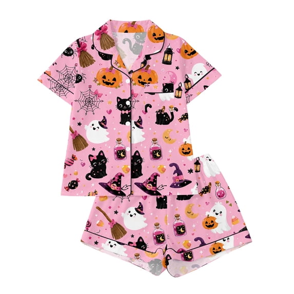 OOOUM Kids Halloween Lounge Set Girls Button Down Print Shirt & Shorts Set Summer Comfortable Outfit 5-6 Years