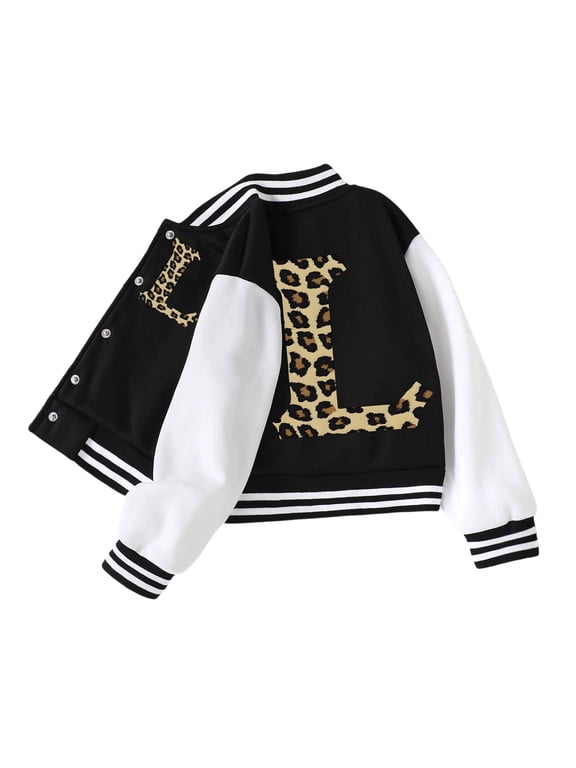 Varsity Jacket for Girls Leopard Print Baseball Bomber Jacket Color Block Casual Button Down Coat