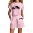 thumbnail image 1 of OOOUM Kids Letter Print Outfit, Crew Neck Short Sleeve T Shirt Drawstring Pocket Shorts Two Piece Set, Summer Casual Clothes Set Pink 11-12 Years, 1 of 4